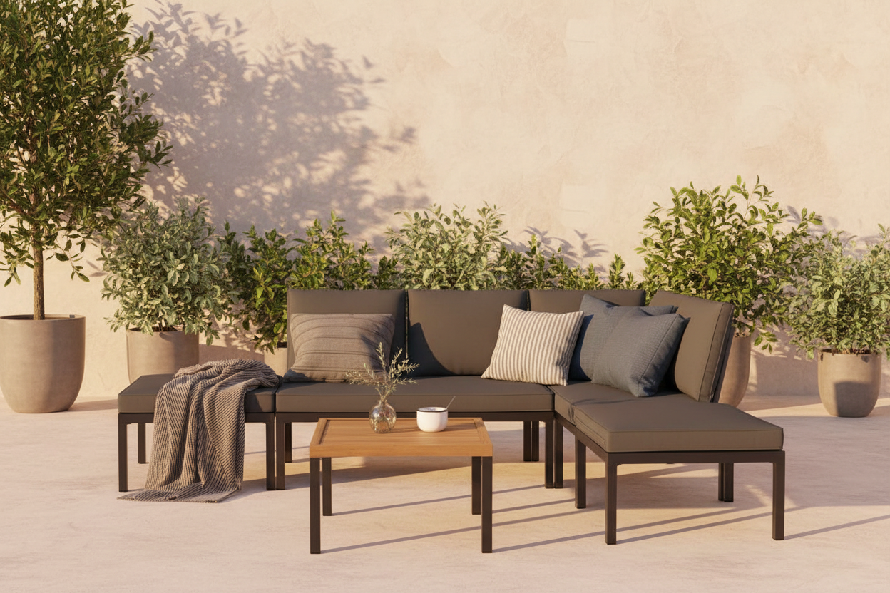 Ensemble lounge en aluminium 5 places avec coussins – Salon de jardin noir