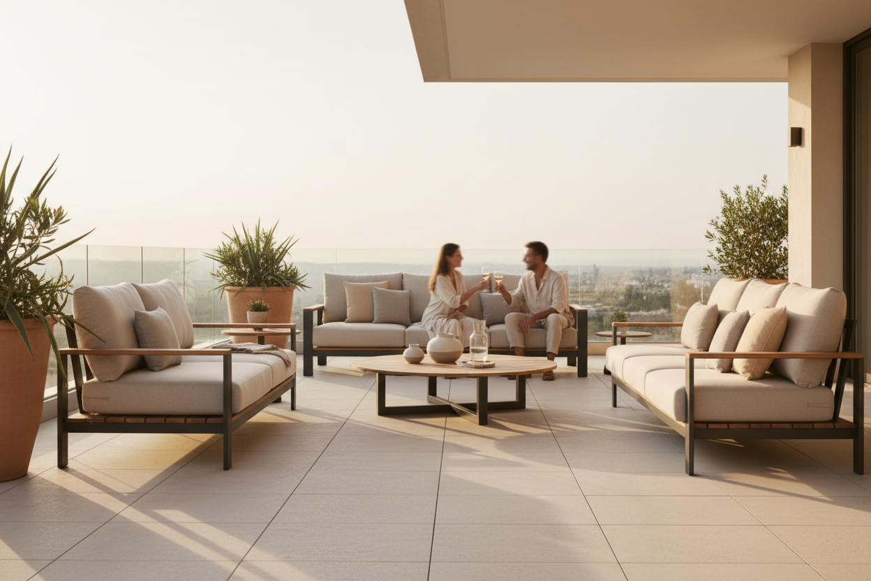 Outdoor lounge terrace golden hour